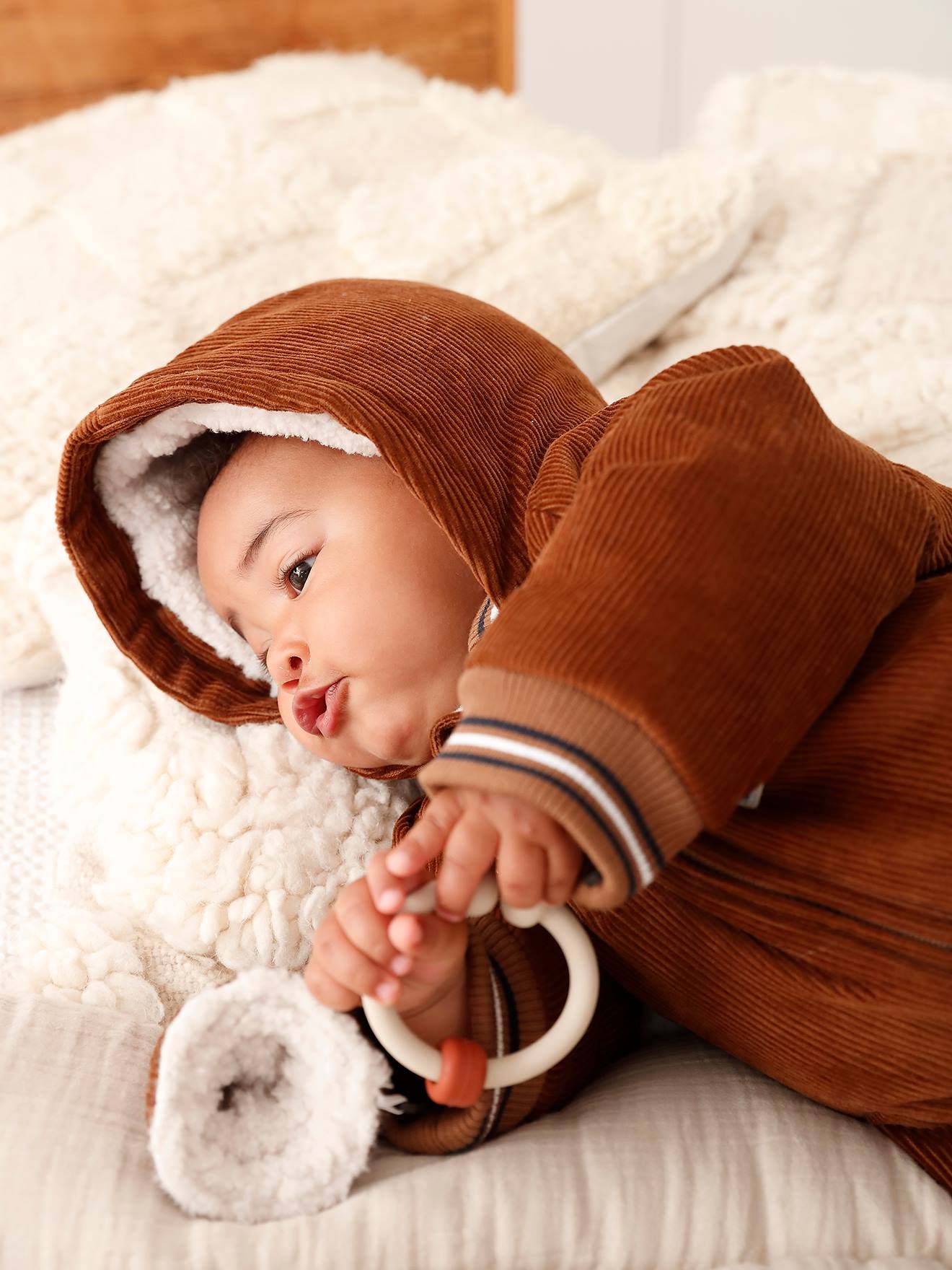 Corduroy Pramsuit with Removable Feet & Mittens for Babies beige