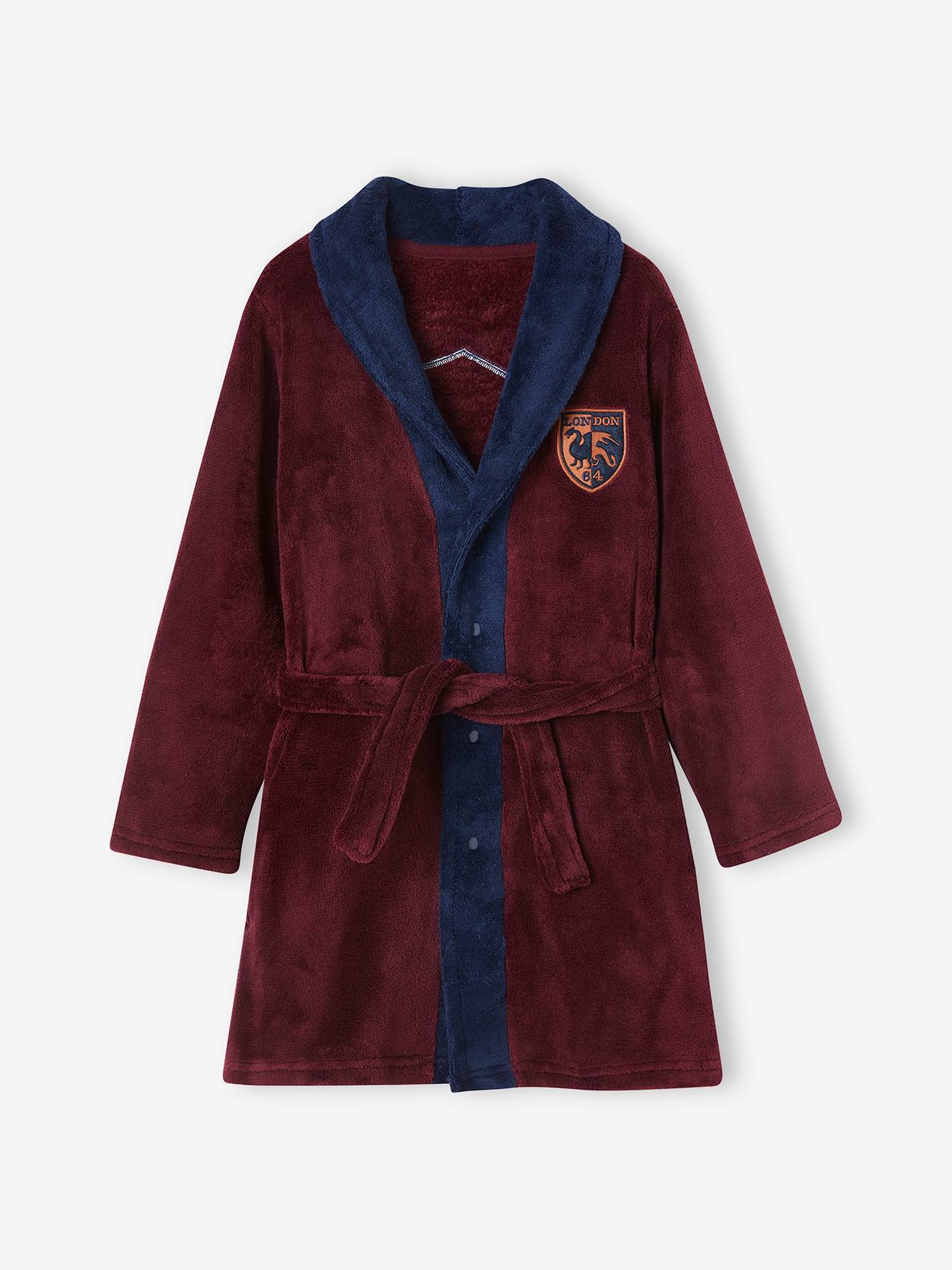 Coat of Arms Bathrobe in Plush Fabric for Boys bordeaux red