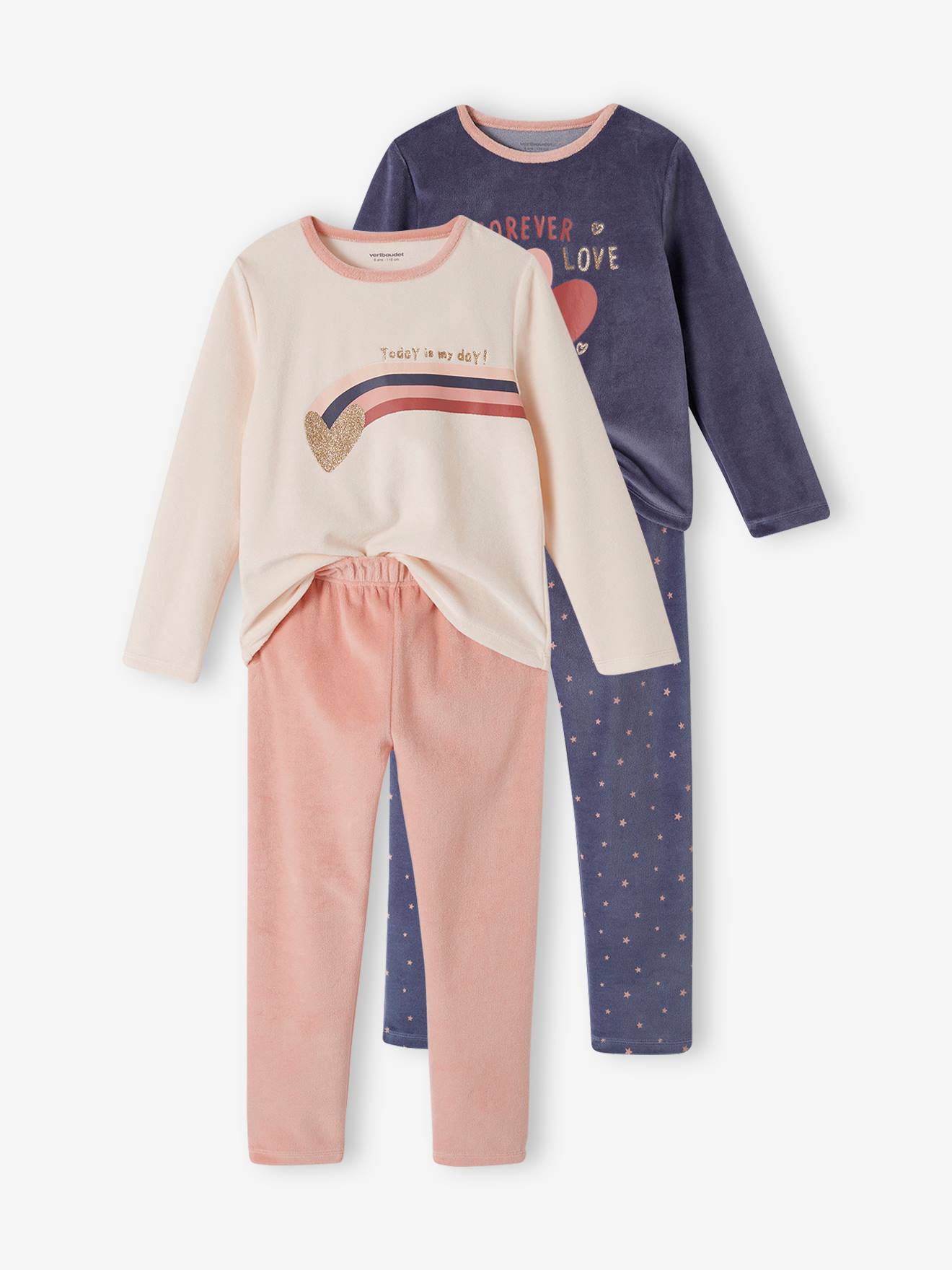 Pack of 2 "Love" Pyjamas in Velour for Girls old rose