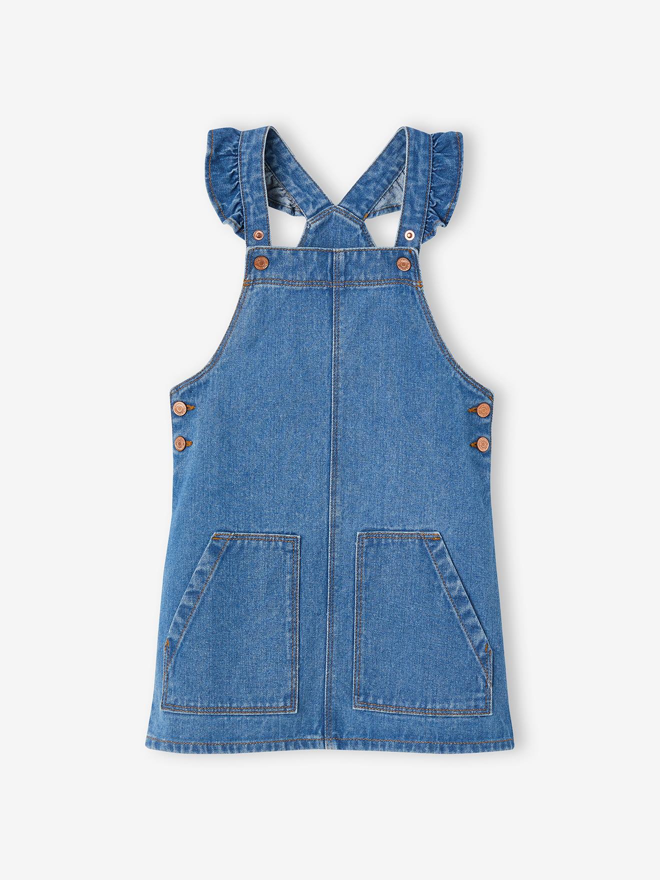Denim Dungaree Dress with Frilly Straps for Girls stone