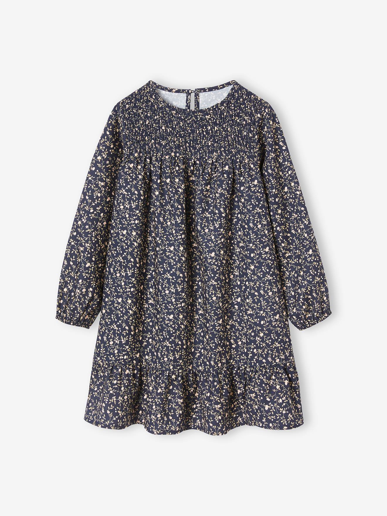Smocked Long Sleeve Dress with Flowers for Girls navy blue