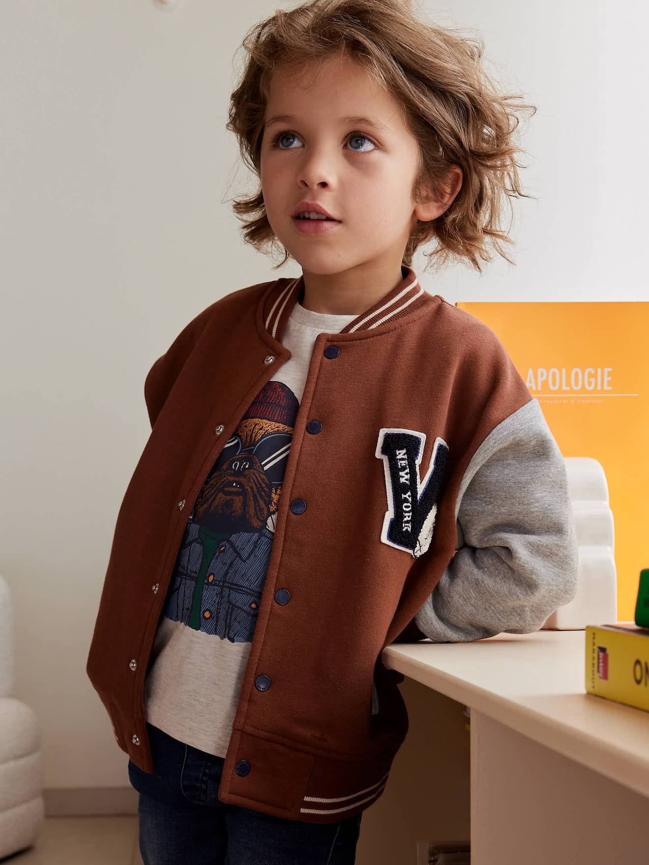 College-Type Jacket in Fleece, Patch in Bouclé Knit, for Boys hazel
