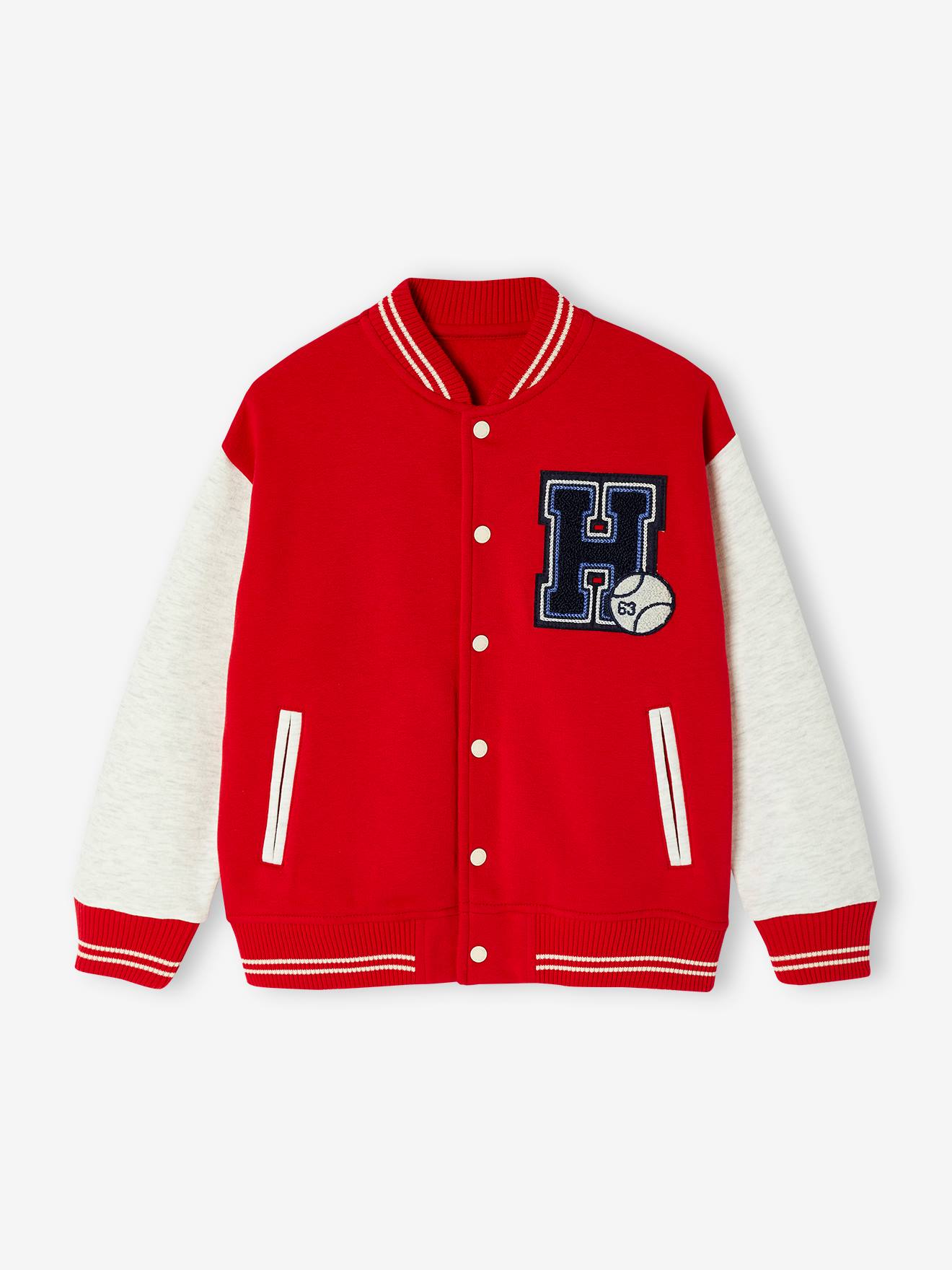 College-Type Jacket in Fleece, Patch in Bouclé Knit, for Boys strawberry