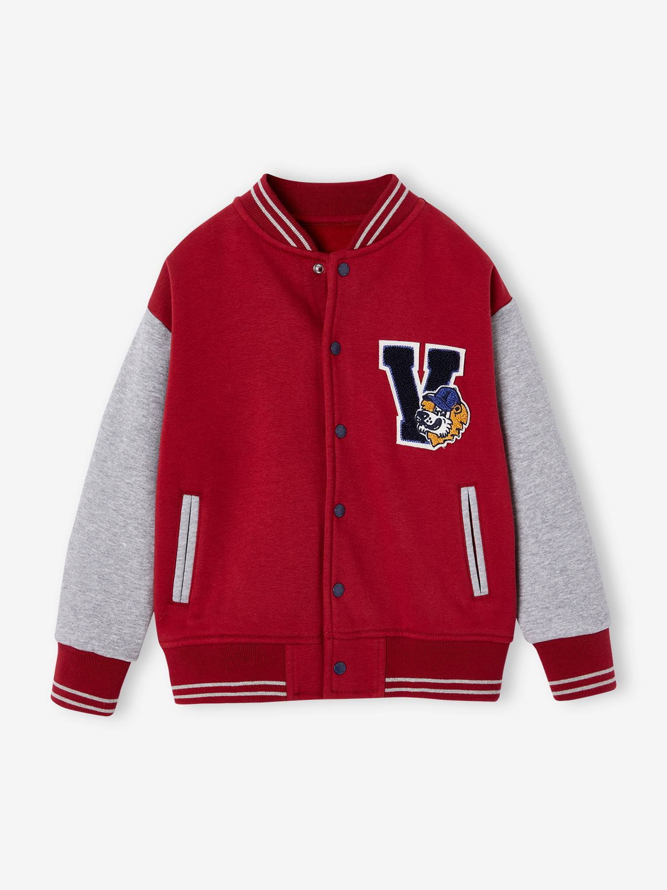 College-Type Jacket in Fleece, Patch in Bouclé Knit, for Boys red