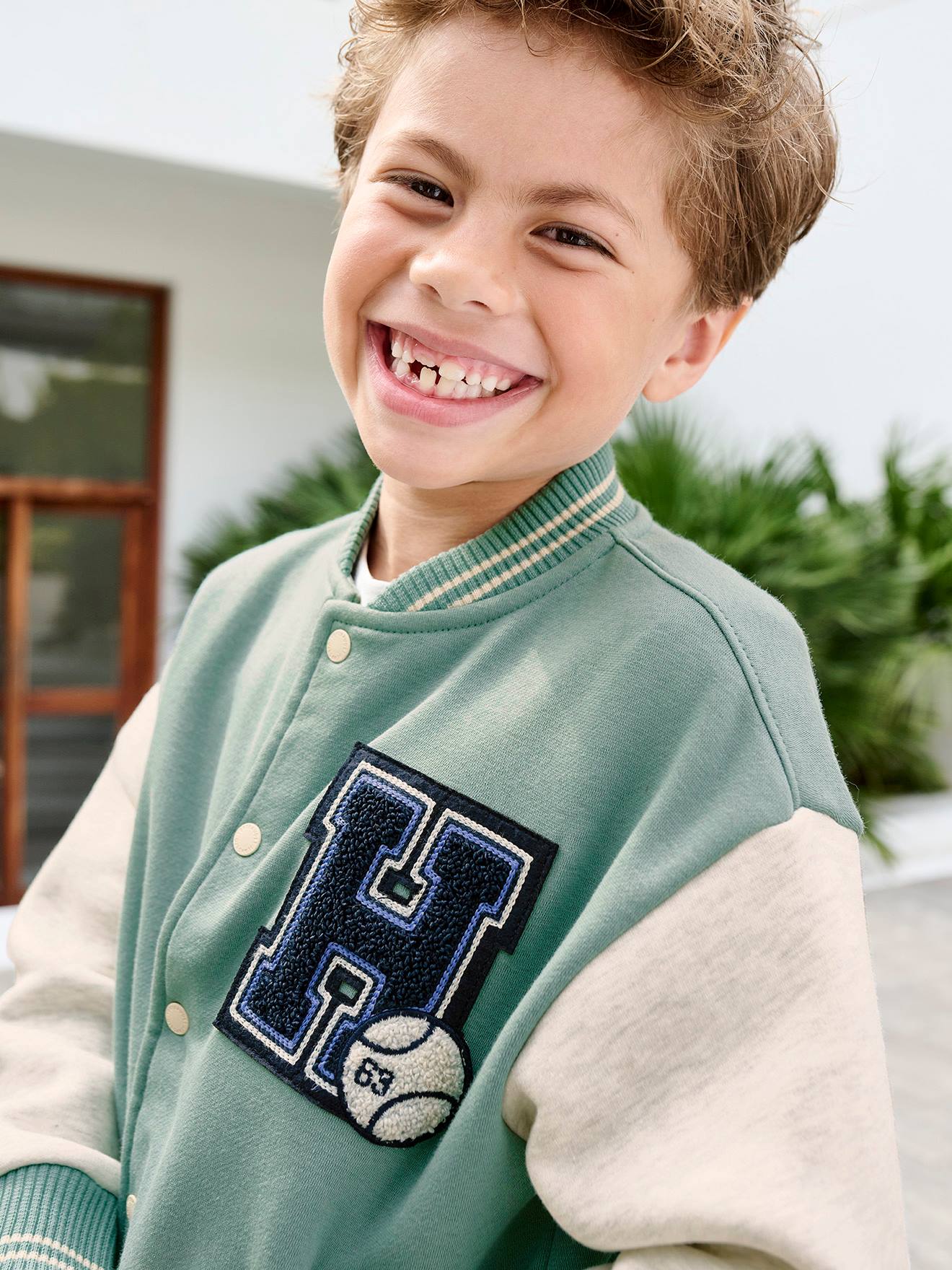 College-Type Jacket in Fleece, Patch in Bouclé Knit, for Boys emerald green