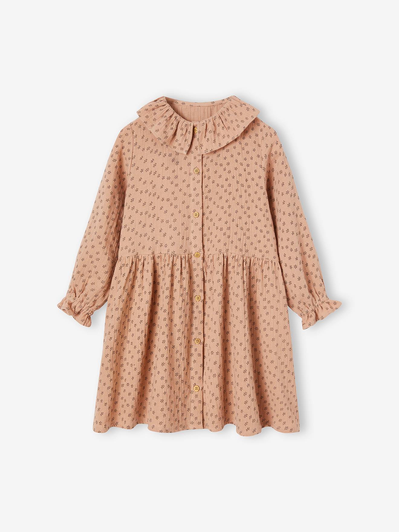 Buttoned Dress in Cotton Gauze for Girls rose beige