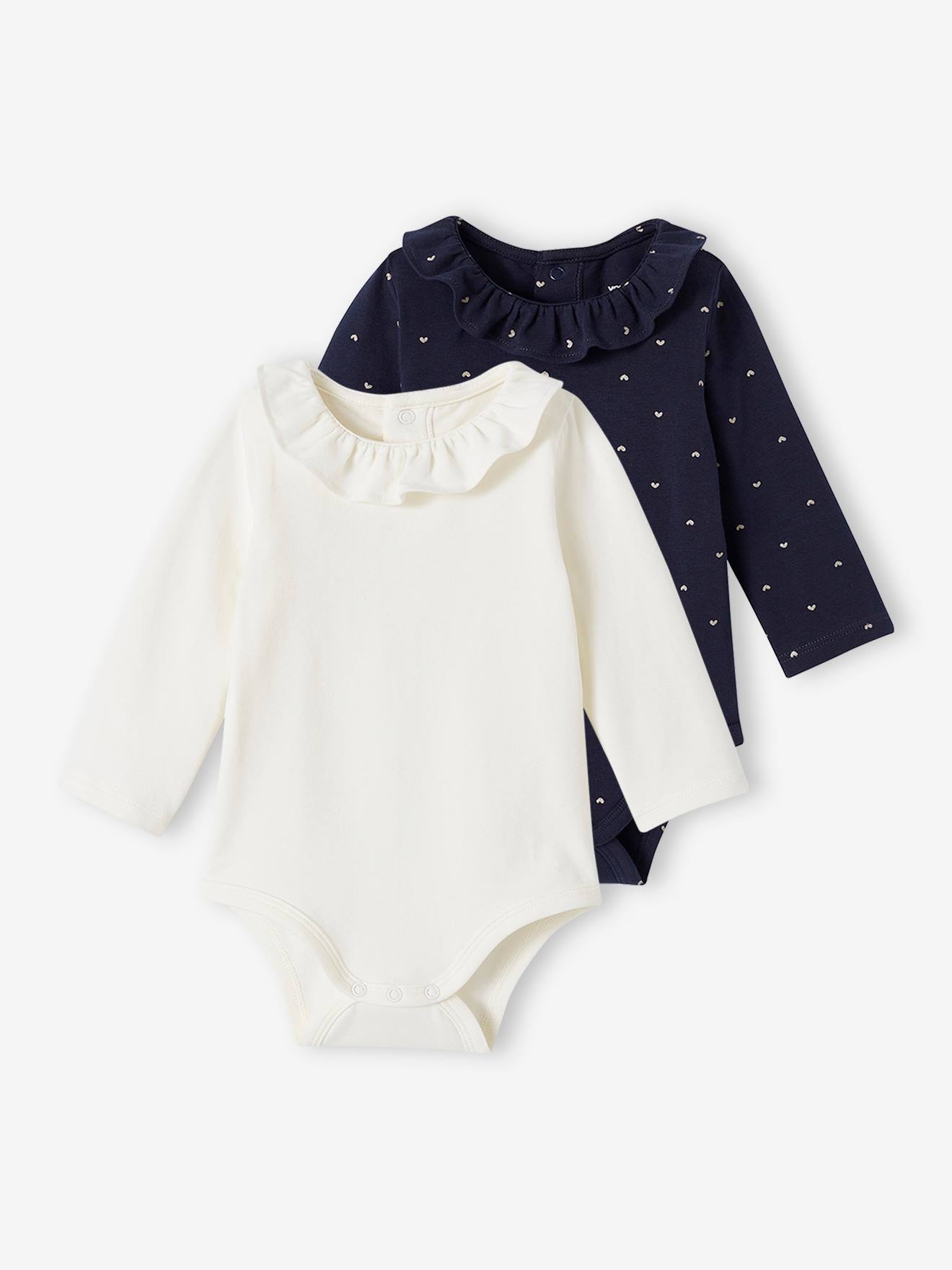 Pack of 2 Long Sleeve Bodysuits with Peter Pan Collar, for Babies navy blue