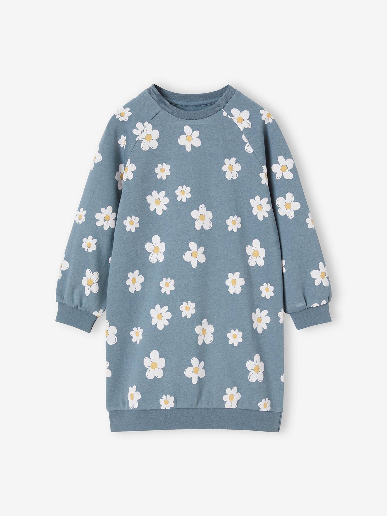 Fleece Dress with Bright Flowers for Girls grey blue