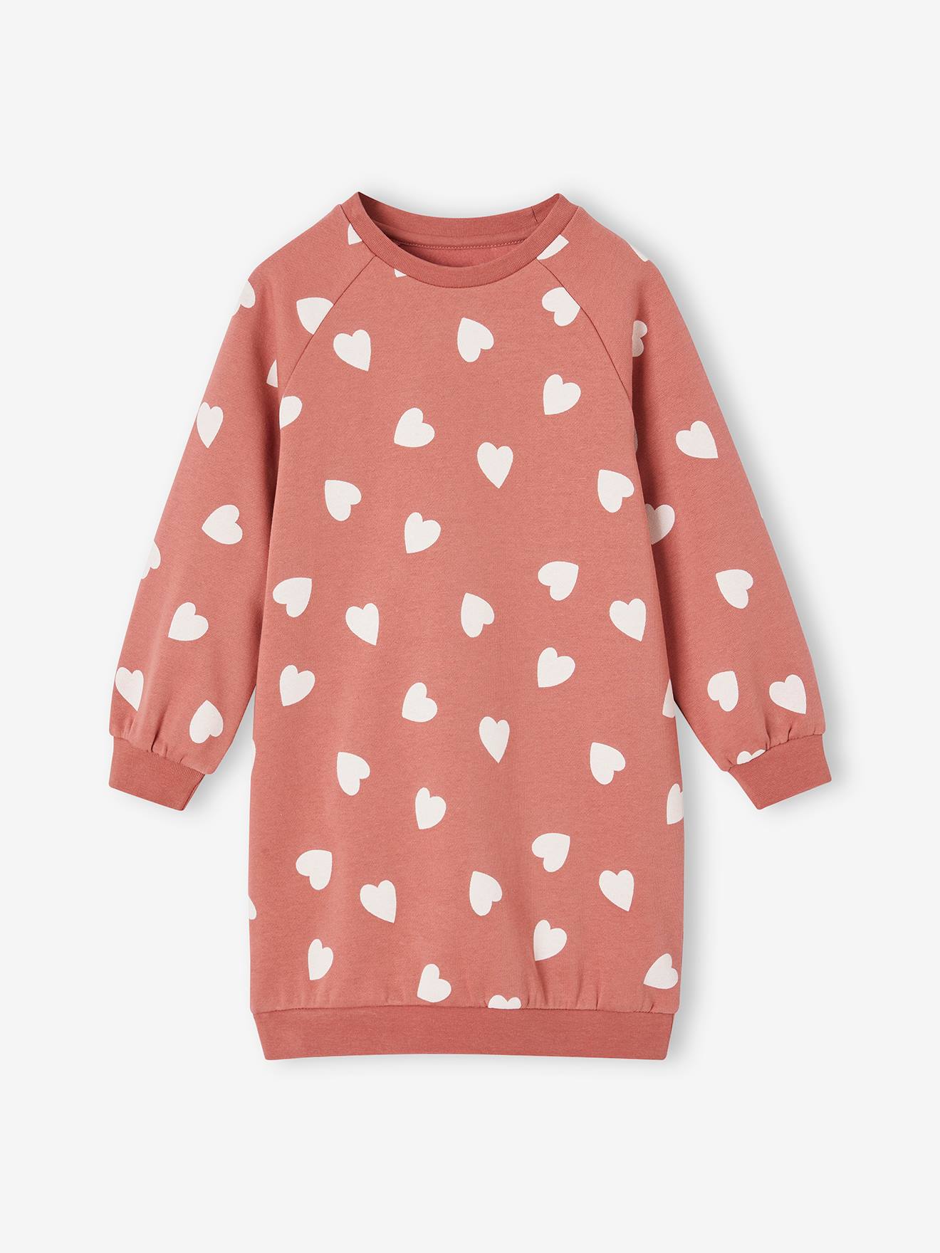 Fleece Dress with Bright Flowers for Girls terracotta