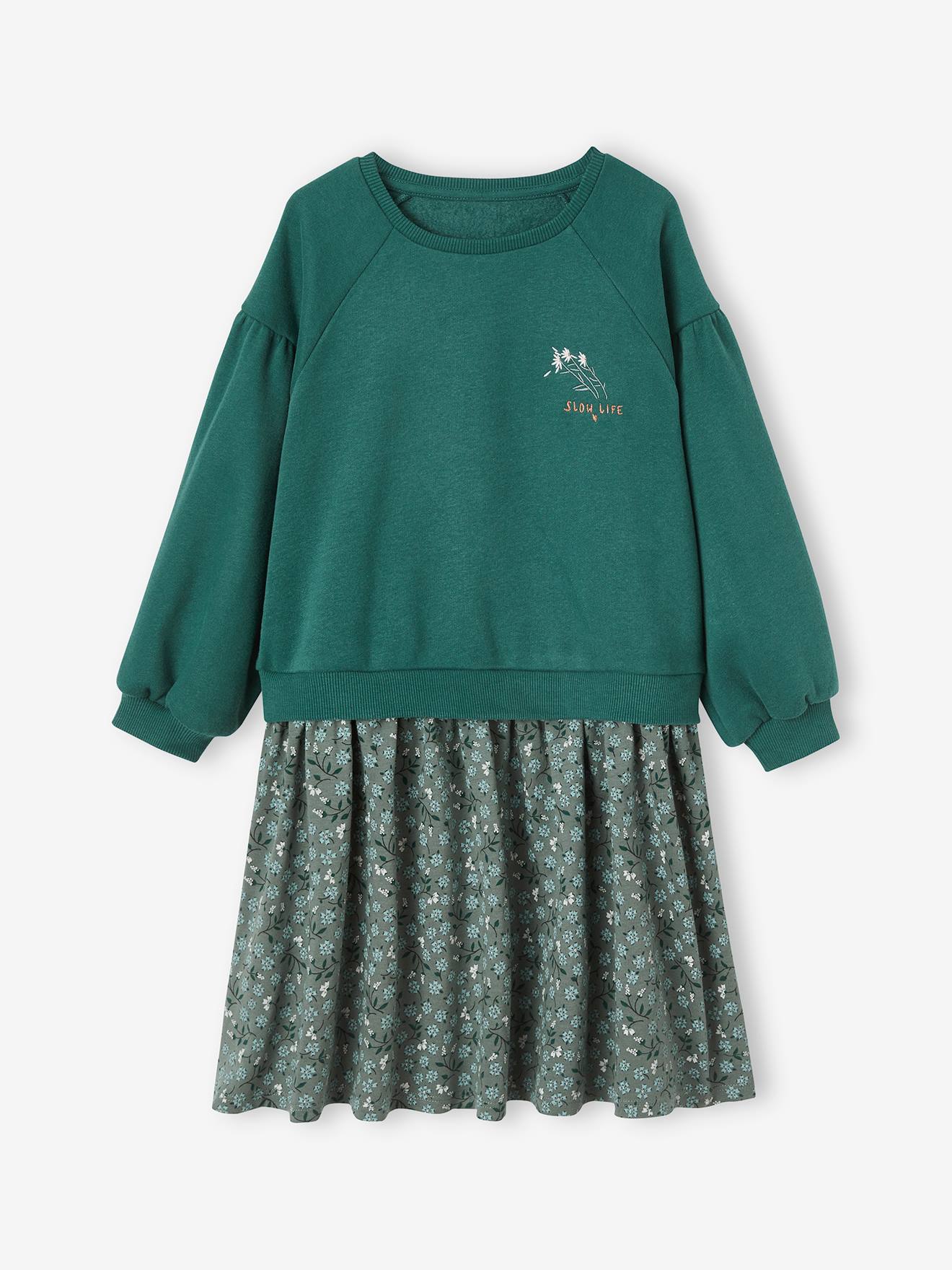 Dual Fabric Dress for Girls green