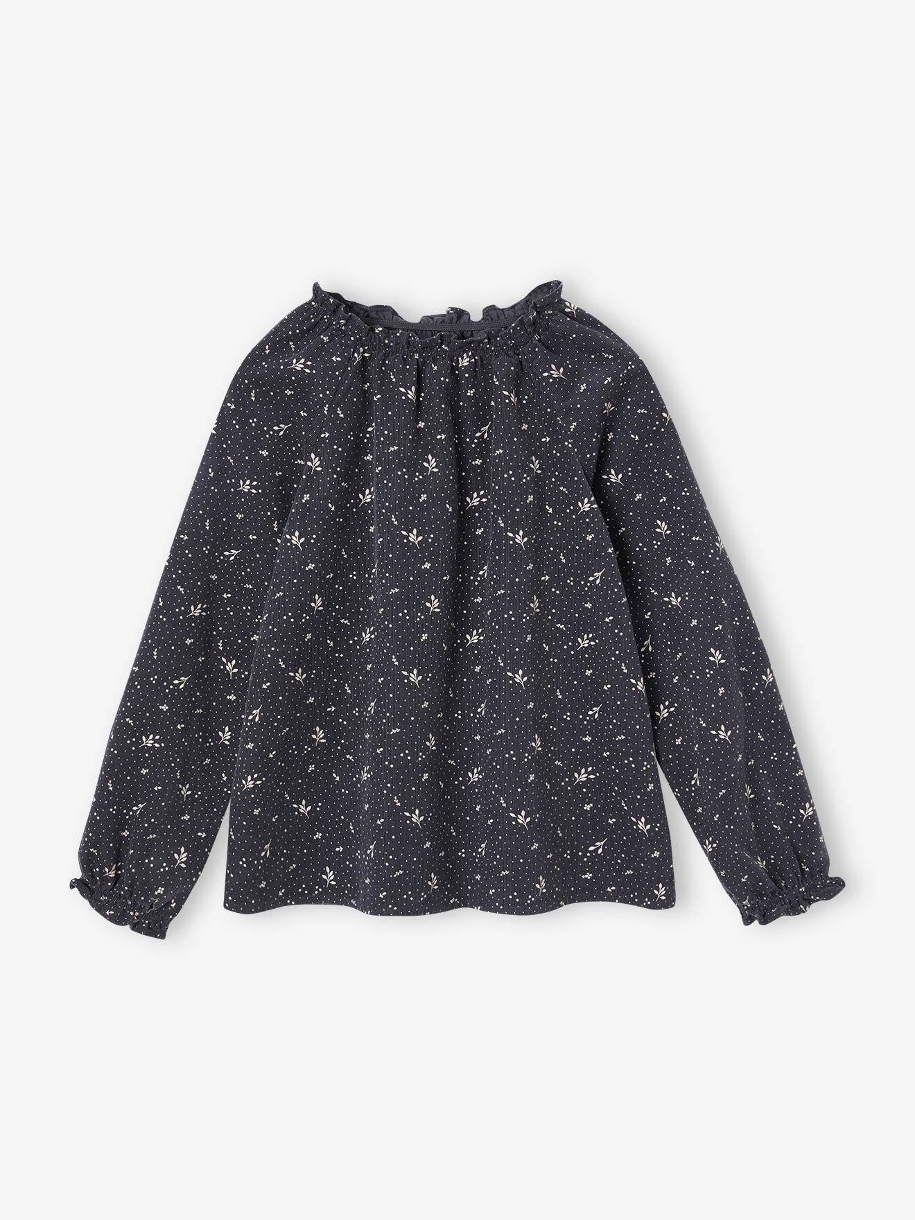 Floral Blouse in Needlecord Fabric for Girls anthracite