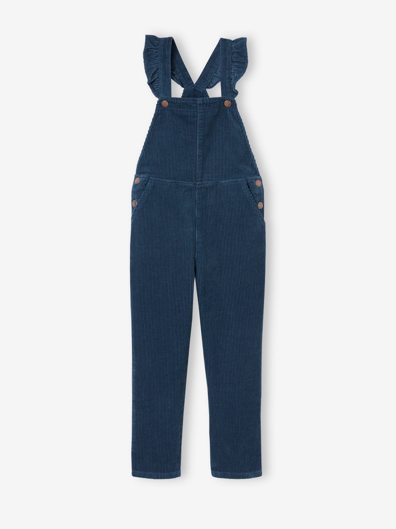 Corduroy Dungarees with Ruffles on Straps for Girls navy blue
