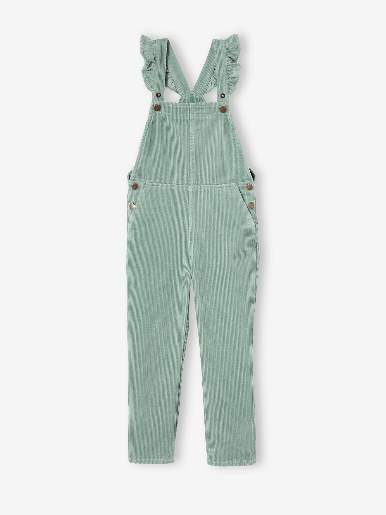 Corduroy Dungarees with Ruffles on Straps for Girls grey green