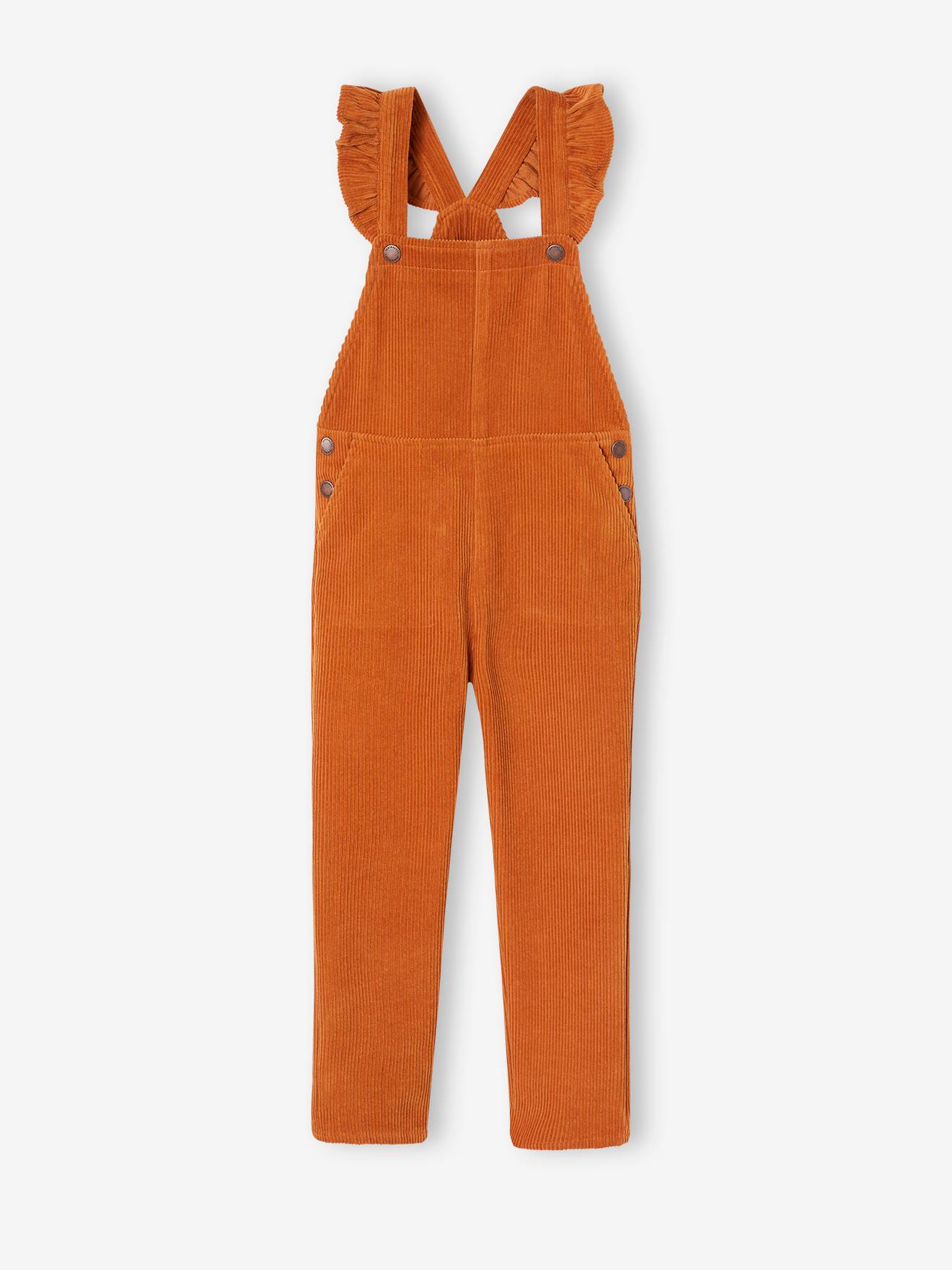 Corduroy Dungarees with Ruffles on Straps for Girls caramel