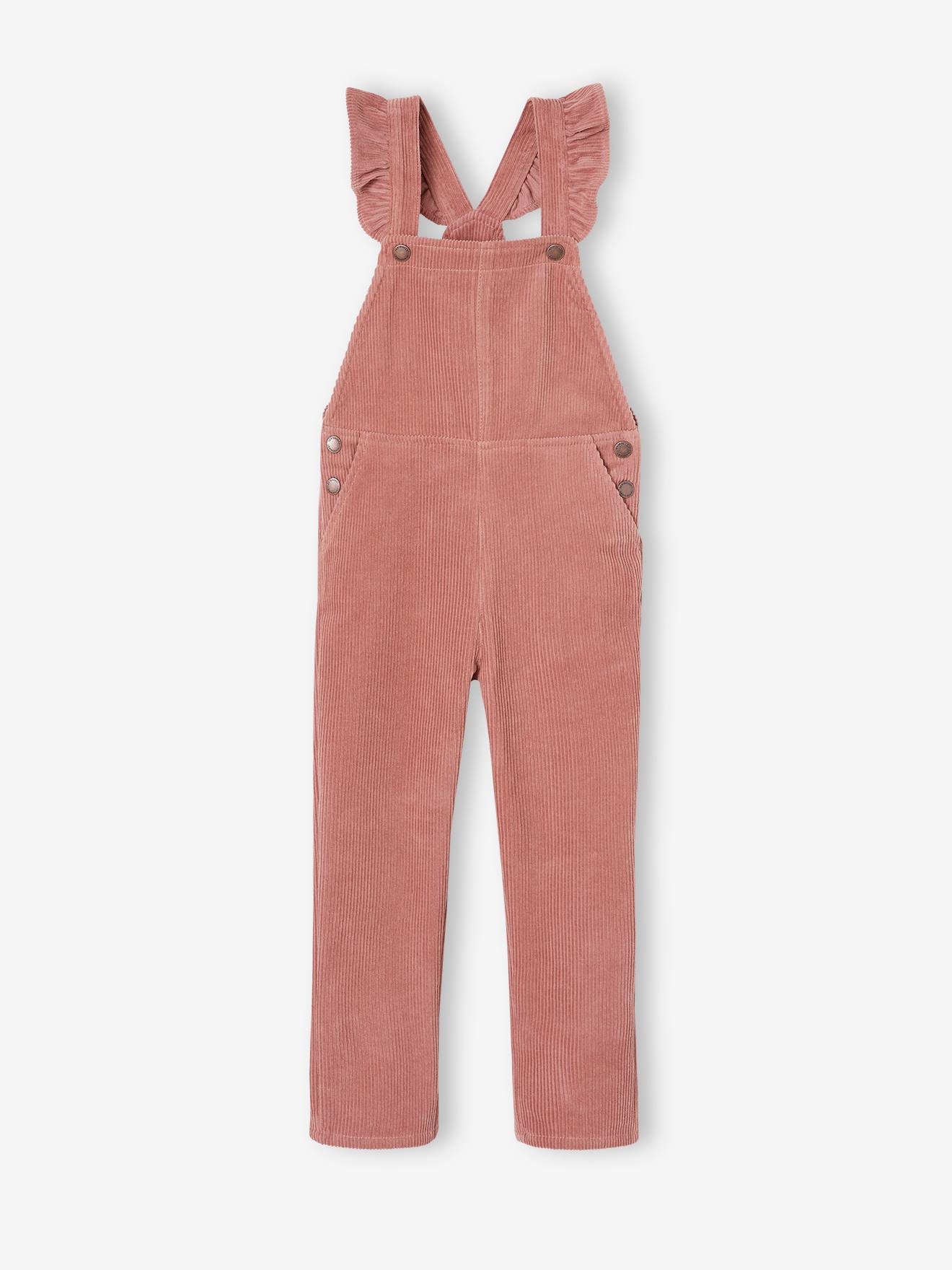 Corduroy Dungarees with Ruffles on Straps for Girls dusky pink