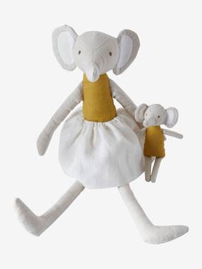 Two Linen Dolls: Mummy Elephant & Her Baby yellow/print