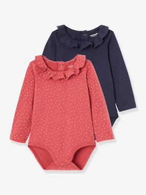 Pack of 2 Bodysuits for Babies, Peter Pan Collar, Long Sleeves dark pink/print