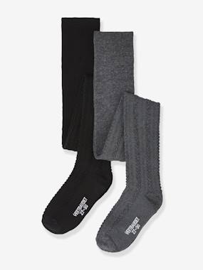 Pack of 2 Cable Knit Tights, for Girls grey anthracite