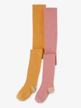 Pack of 2 Pairs of Lurex Jacquard Tights for Girls, Oeko-Tex® light yellow