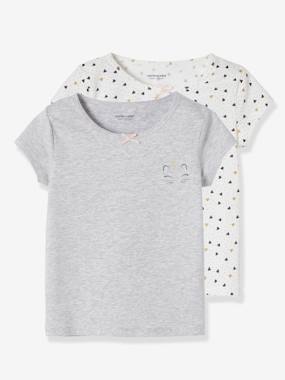Pack of 2 Short-Sleeved “Cat” Tops for Girls, Dream white/print
