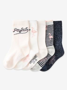Pack of 5 Pairs of Socks for Girls, Flamingo light pink