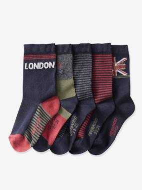 Pack of 5 Pairs of Socks for Boys, London dark green/multi