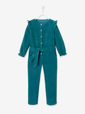 Corduroy Jumpsuit with Ruffles, for Girls dark green