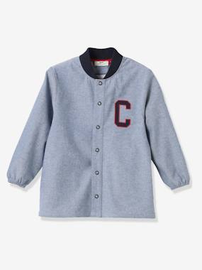 Boy's chambray school smock blue medium solid with design