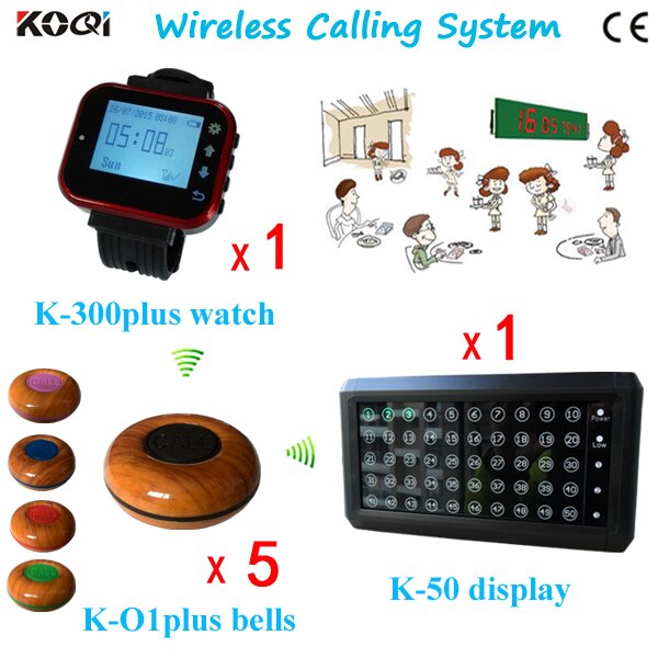 Table Call System for Restaurant with LED Display Receiver K-50 Transmitter Bell Button K-O1plus Pager Watch K-300plus