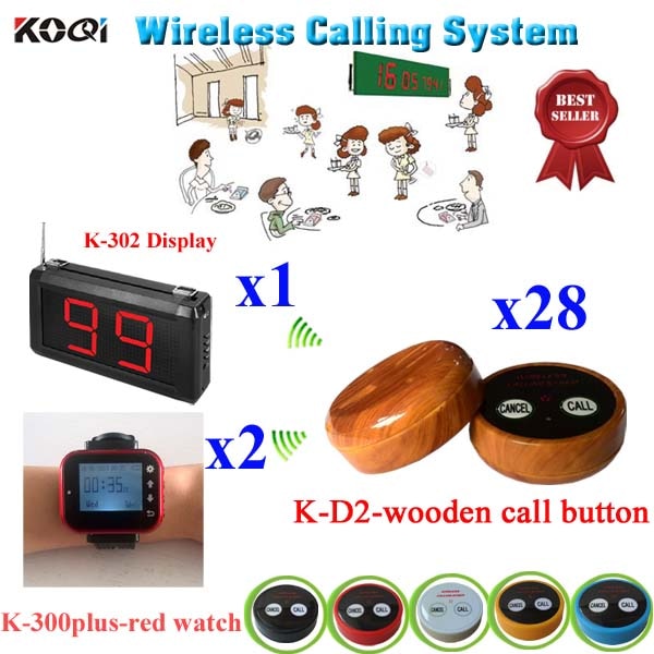 Wireless Waiter Call System Electronic Order Restaurant Caller Waiter Call Buzzer(1 display+ 2 watch+ 28 call button)