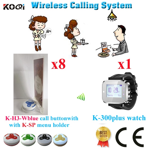Wireless Waiter Paging System Superior Quality For Restaurant For Service Call(1 watch+8 button+8 menu holder)