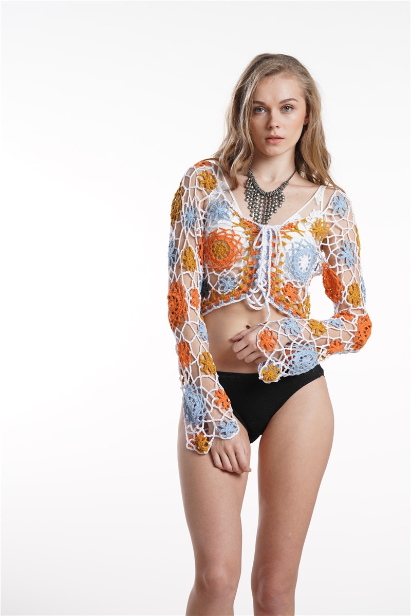Seaside vacation summer sexy bikini beach blouse color hand hook hollow knit halter top