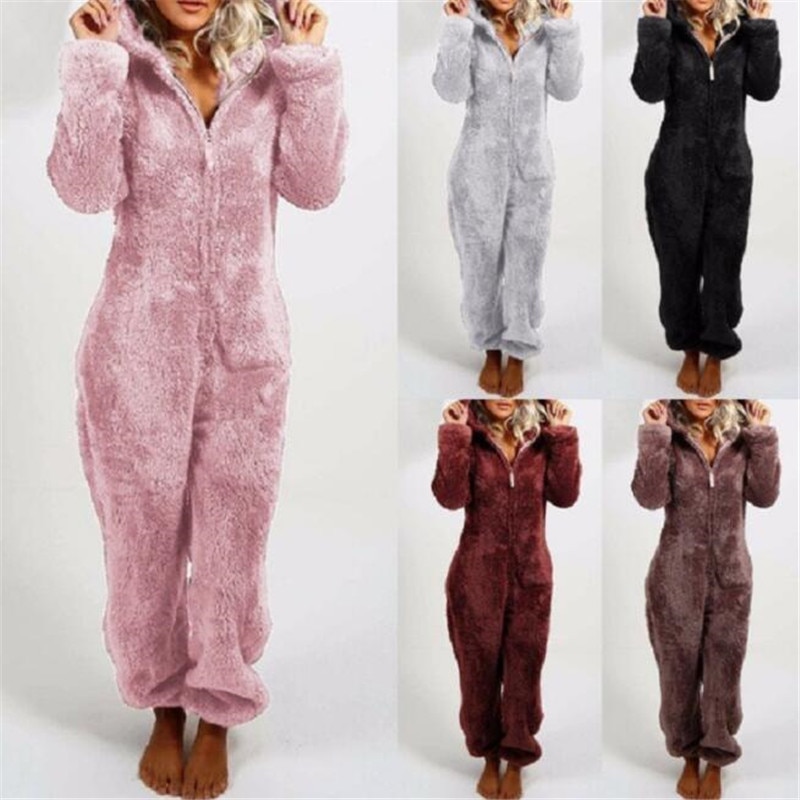 Women's Plush Romper Autumn Winter Flannel Pajamas Long-Sleeve Zipper High Neck Hat Keep Warm Girl’s Clothes Sleepwear Home
