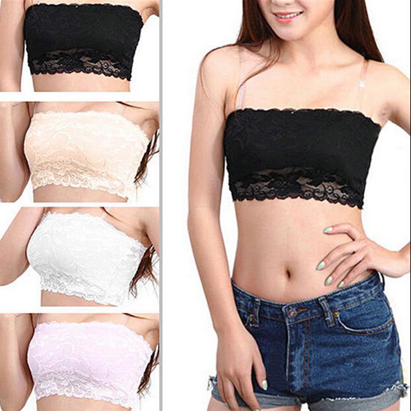 4 Colors Sexy Ladies Full Lace Stretch Padded Strapless Bra Bandeau Seamless Casual Floral Lace Tube Top Cropped Underwear