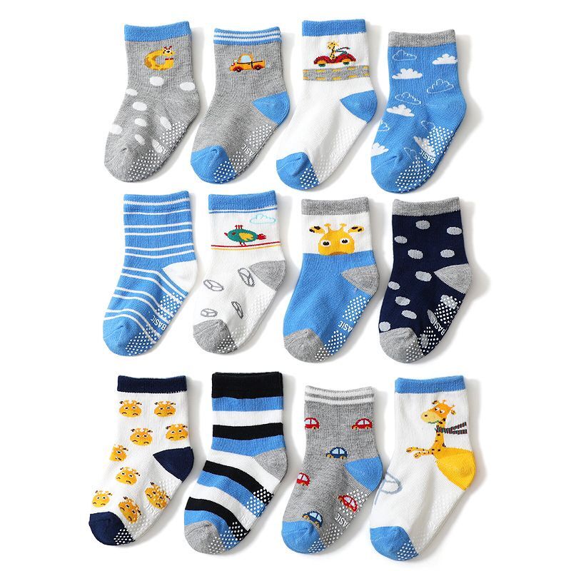 12Pairs/lot Children's Anti-slip Boat Socks for Boys Girl Socks Floor Sock with Rubber Grips 1-5 Years