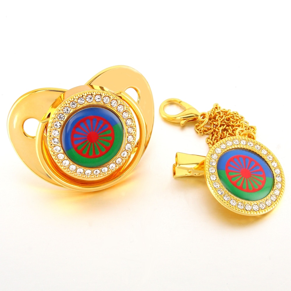 Gypsy Aromanian Romany Luxury Baby Pacifier With Chain Clip Romani Roma Flag Theme Newborn Baby Dummy Soother Nipple