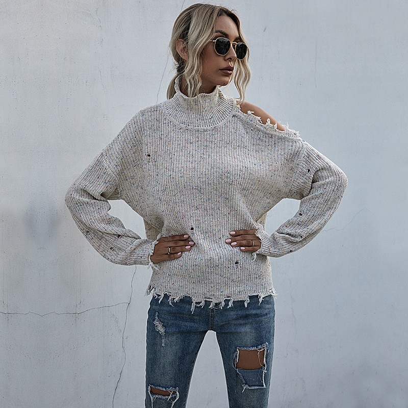 New Autumn Turtleneck Sweater Women Hole Long Sleeve Knitted Pullover Women Sweaters Winter Women's Turtleneck Streetwear
