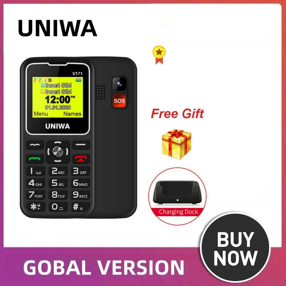 UNIWA V171 1.77" Display SOS 2G Mobile Feature Phone Big Button Wireless Phone FM Loud Speaker 10 days Standby Charging Doc