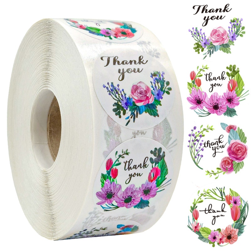 50pcs 1'' Paper Hand Made stickers Round Floral Thank You Stickers for Baking Envelope Business Seal Labels Stationery