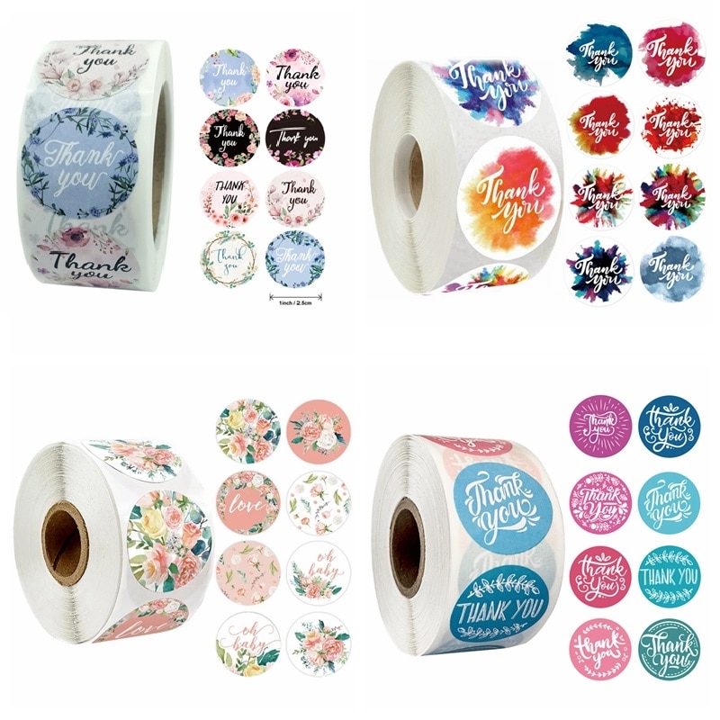 100-500pcs Round Floral Thank You Sticker for Seal Labels 8 styles Multi Color Labels Sticker handmade offer Stationery Sticker