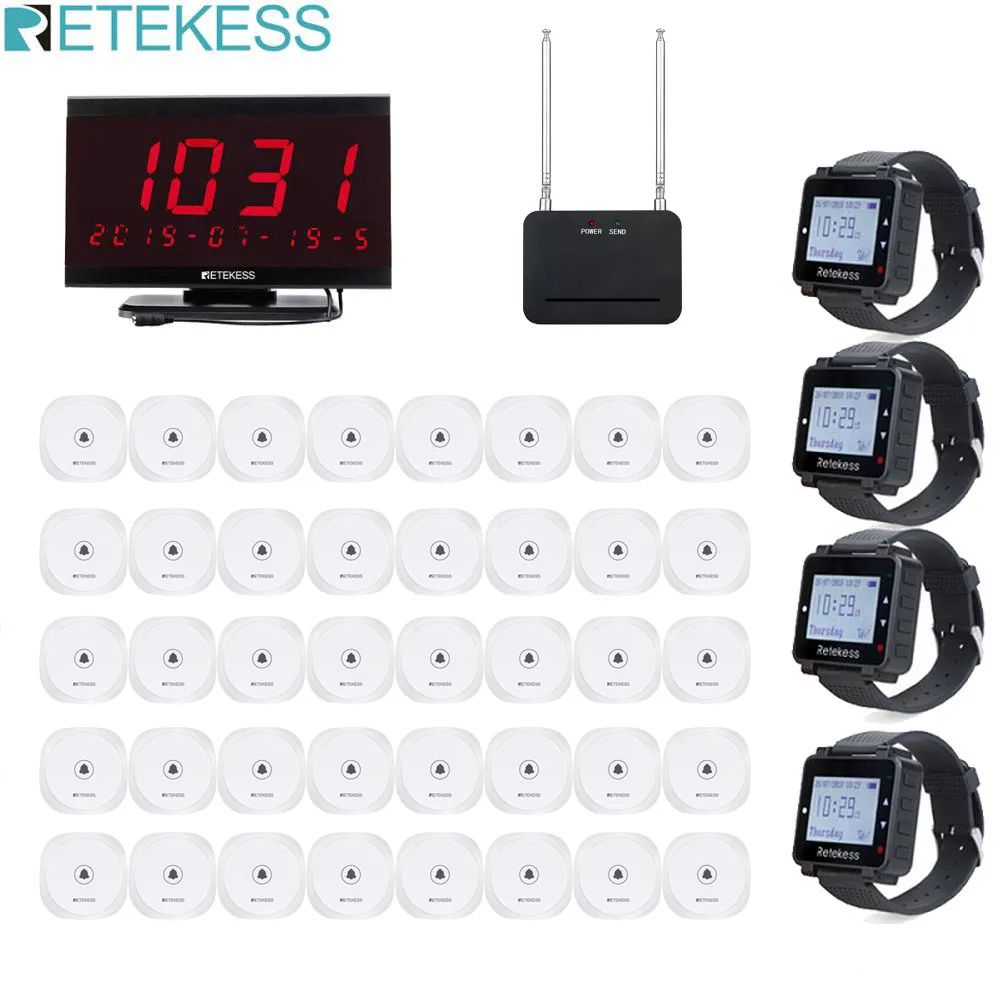 Retekess Restaurant Pager Wireless Waiter Call 40pcs TD017 Call Button+4pcs T128 Watch Receiver+Receiver Host+Signal Repeater