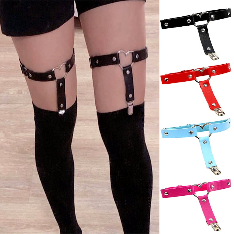 Sexy Women Punk Goth Heart PU Leather Elastic Garter Belt Leg Thigh Ring Suspender Stockings Belt Leg Chain Harness Body Jewelry