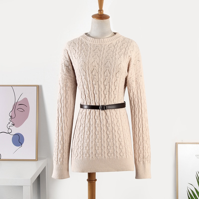 Hirsionsan Elegant Knitted Cashmere Sweaters Women Winter Thicken Loose Long Solid Female Pullovers O Neck Jumper with Belt