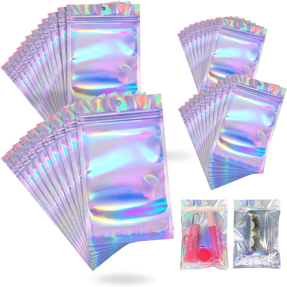 50/100PCS Holographic Laser Lashes Packaging Boxes Resealable Eyelashes Zip Lock Storage Bags Pouch cosmetic Package Box