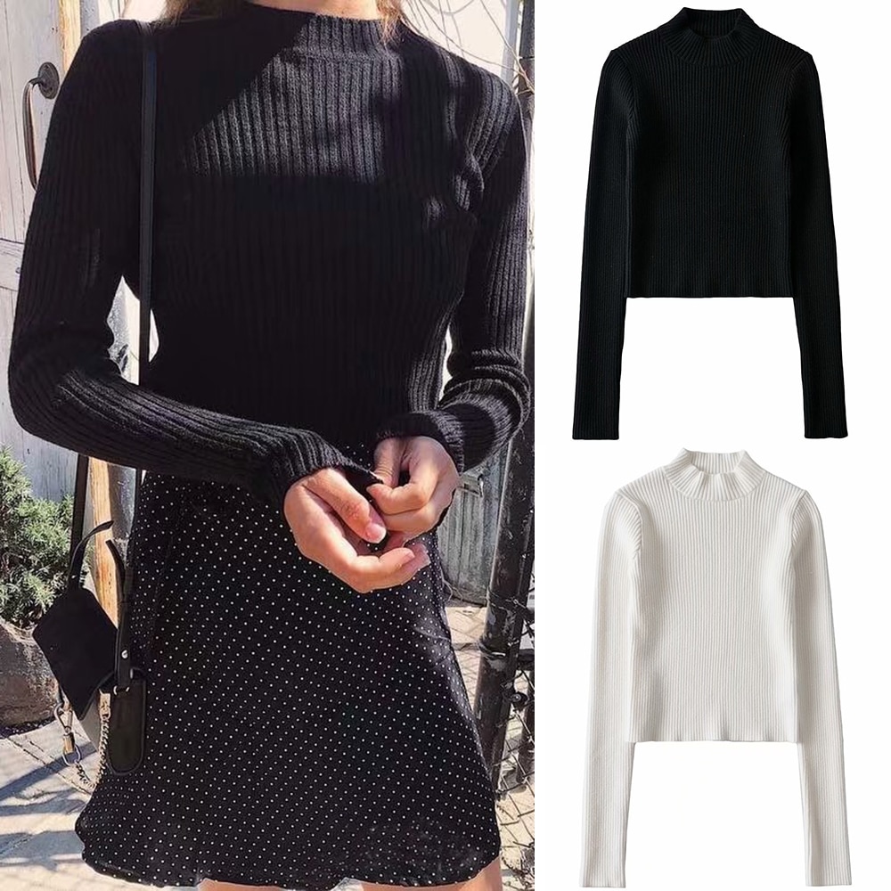 2020 Autumn Winter Women Knitted Jumper Tops Turtleneck Long Sleeve Knit Pullovers Korean Fashion Short Slim Elasticity Sweaters