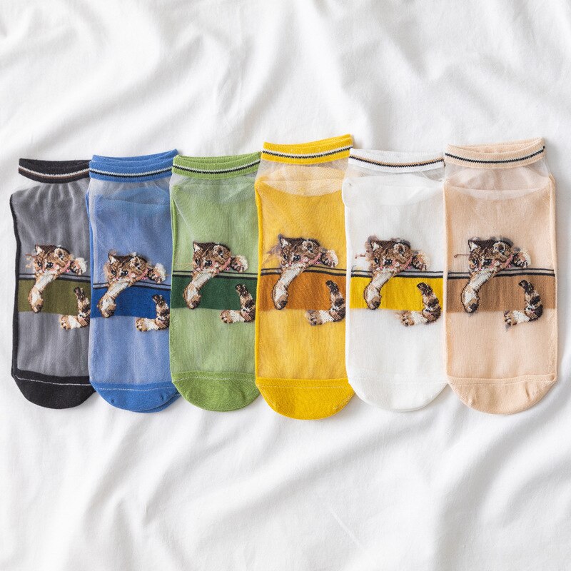 Cat Card Silk Boat Socks Cotton Bottom Socks Ladies Transparent Crystal Stockings Women's Socks Female Woman Girls Socks
