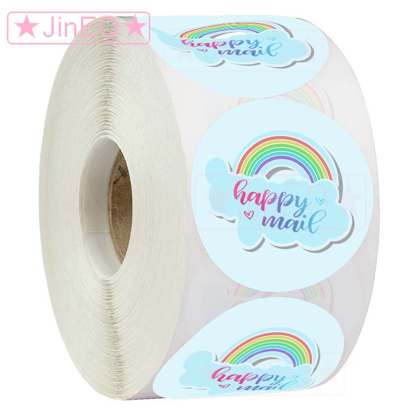 Paper Happy Mail Stickers 1'' 500pcs Round Adhesive Sticker for Business, Envelopes, Xmas Postcards,Mailing Packaging 