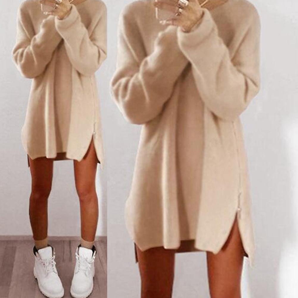 Women Sexy Solid Color Long Sleeve O Neck Sideway Zip Loose Mini Sweater Dress Christmas Gift For Female Xmas Gift