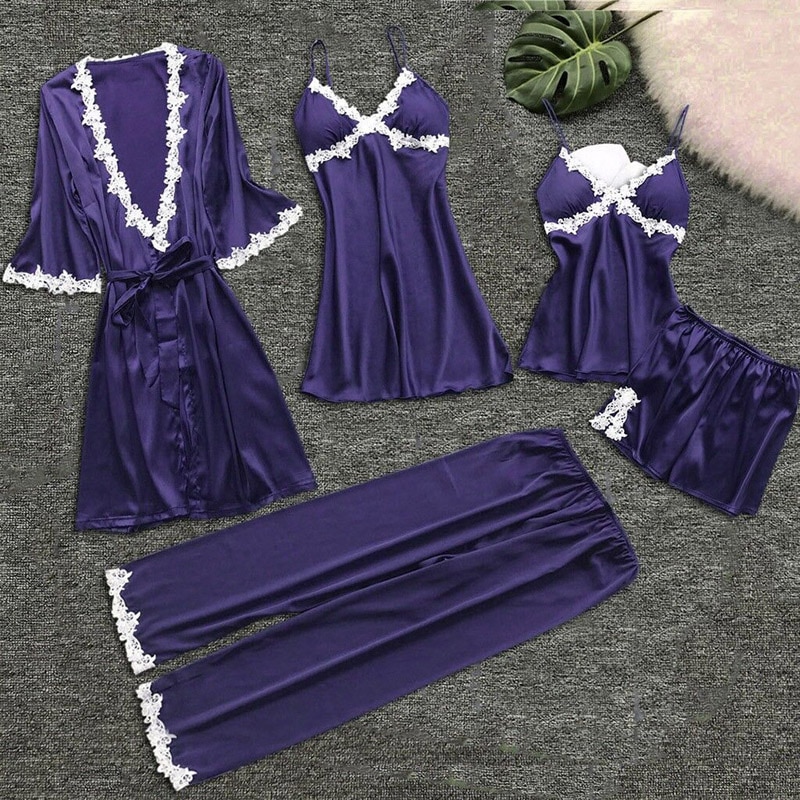 Women Pajamas 5 Pieces Sets Silk Satin Solid Pyjama Set Sexy Pajamas with Pad Lace Night Suits Sleepwear Home Clothes