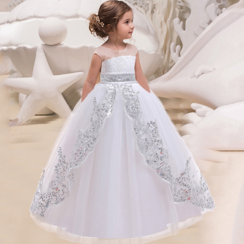 Christmas White Long Bridesmaid Evening Kids Clothes Girls Sequin Gown Party Wedding Dress Baby Princess 8 10 12 Years Vestidos